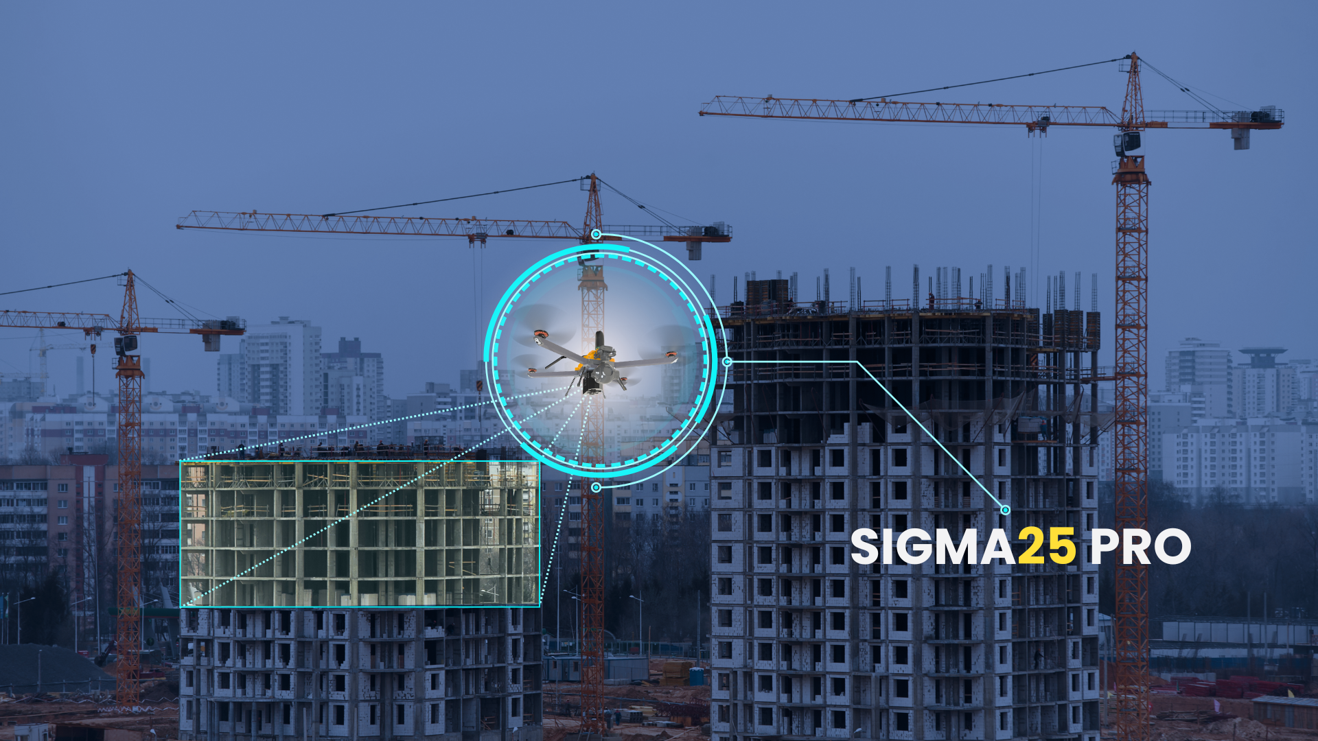 The Image Contains a drone scanning a construction site. It is part of remote surveying and inspection.